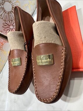 kate spade Brown Leather Moccasin Loafers with Gold Plaque